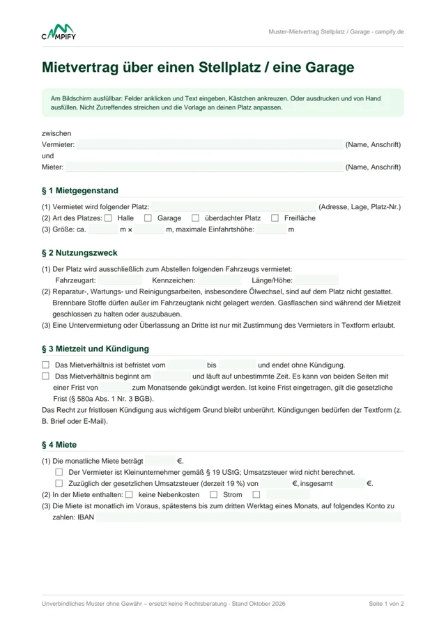 Vorschau der ersten Seite des Muster-Mietvertrags